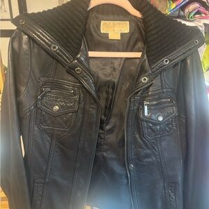 Michael Kors Black Leather Jacket with Ribbed Collar